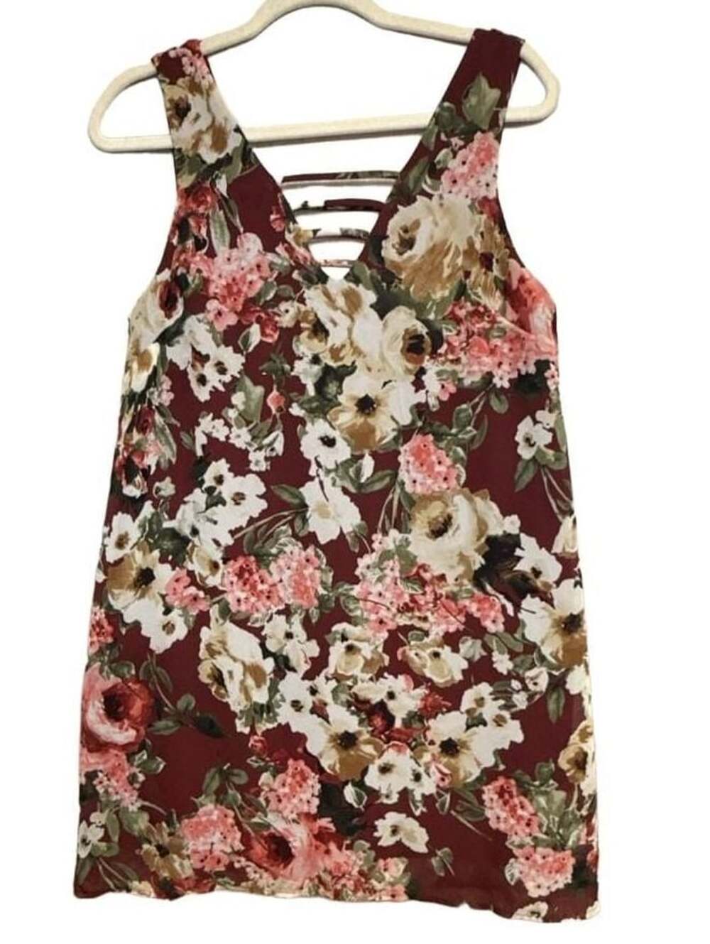 Blue Rain Y2k Burgundy Floral Shift Dress Size S Sleeveless V-Neck